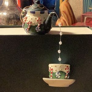 AVAILABLE -Vintage Candie cane teapot & cup ornament.